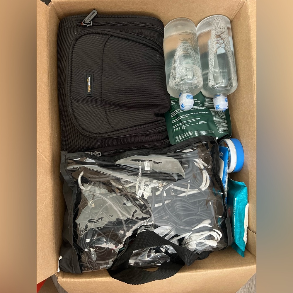 mystery box grab bag - cords and toiletries!